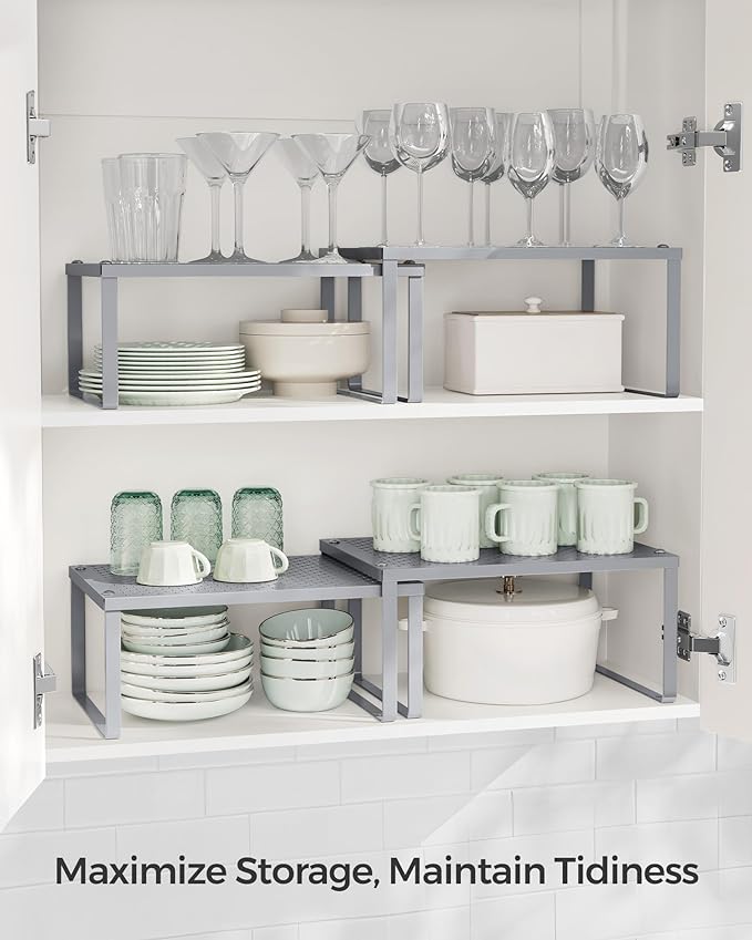 SONGMICS Spice Racks, Set of 4 Metal Cabinet Shelf Organizers, Countertop Organizers, Shelf Risers, Stackable, Expandable, Silver UKCS006S01