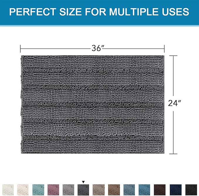 H.VERSAILTEX Bath Mats for Bathroom Non Slip Extra Thick Chenille Striped Bath Rug 24" x 36" Absorbent Non Skid Fluffy Soft Shaggy Rugs Washable Dry Fast Plush Mats for Indoor, Bath Room, Tub - Grey