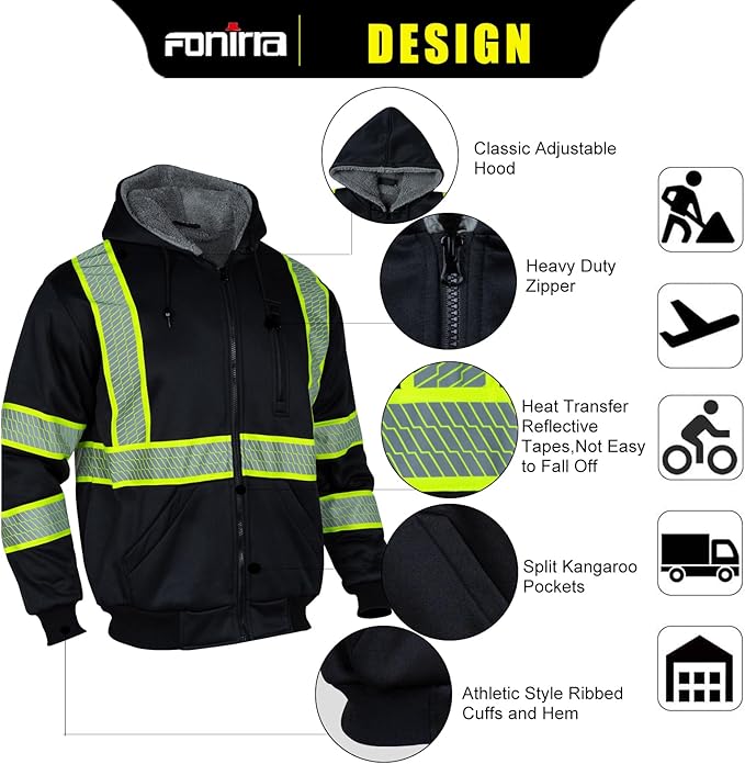 FONIRRA Men's High Visibility Safety ANSI Class 3 Lined Fleece Hoodie Sweatshirt with Black Bottom Jumper Workwear for Men(Black,4XL)