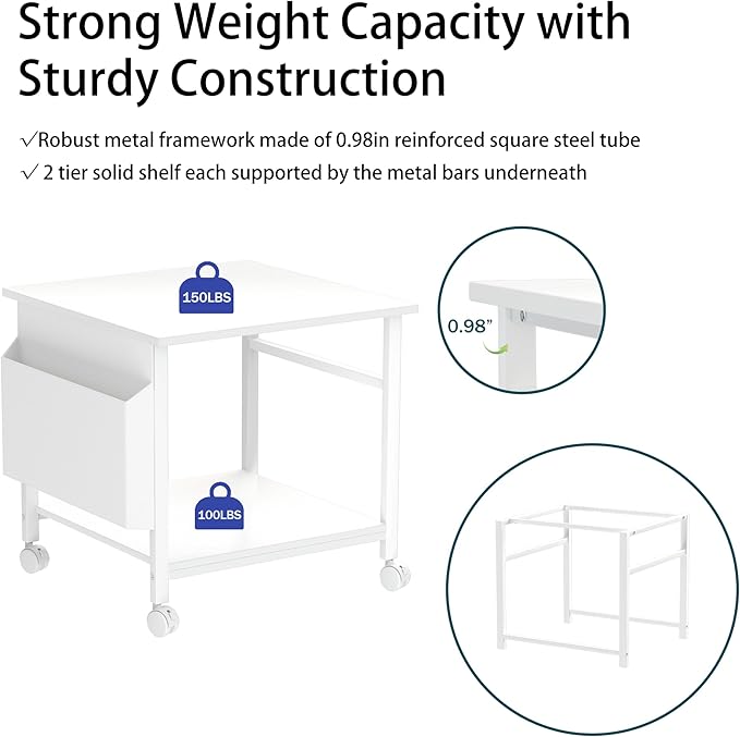 Large Printer Stand, 23.6 x 23.6 Inches Square Printer Stand with Storage Shelf, 2 Tier Printer Table for Home Office, Rolling Printer Cart with Lockable Wheels, Mobile Mini Fridge Stand Table, White