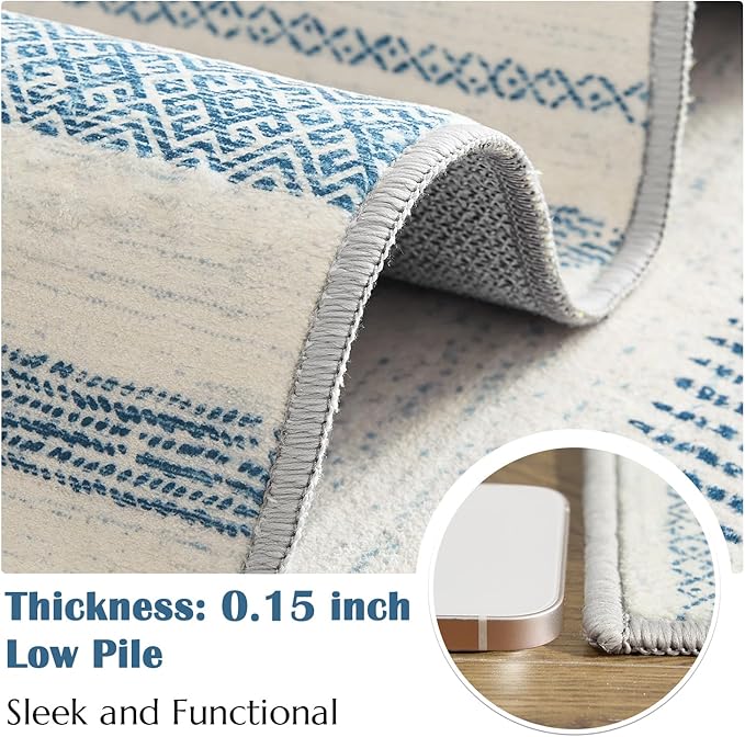 jinchan Moroccan Boho 5x7 Area Rugs for Bedroom - Machine Washable Soft Throw Rug Bohemian Ripple Design Non-Slip Carpet for Living Room Kitchen Dining Room Home Office (5‘x7', Blue)