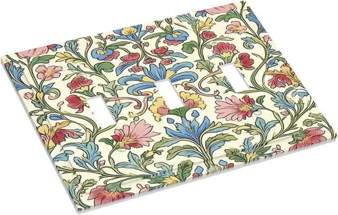 Decorative Switch Plates Boho Red Floral Morris Plant Leaves 3 Gang Wall Plate Triple Toggle Light Switch Cover Faceplate Electrical Wall Panels For Farmhouse Cabin Decor