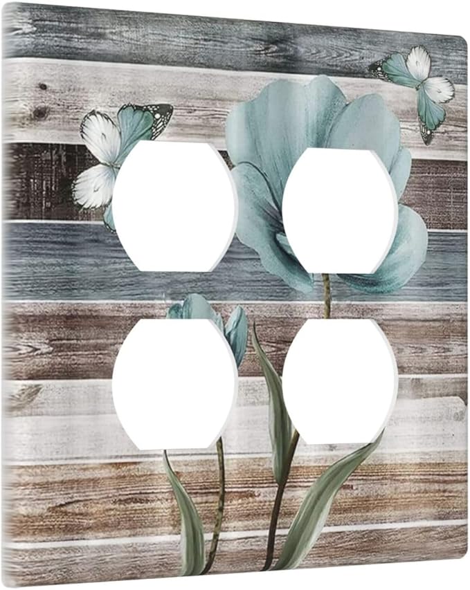 Teal Flora Flowers and Butterfly Wooden Style Outlet Covers 2-Gang Duplex Light Switch Cover Plate Decorative Gfci Wall Plate Electrical Receptacle Switchplate Plug Faceplate for Bedroom Decor