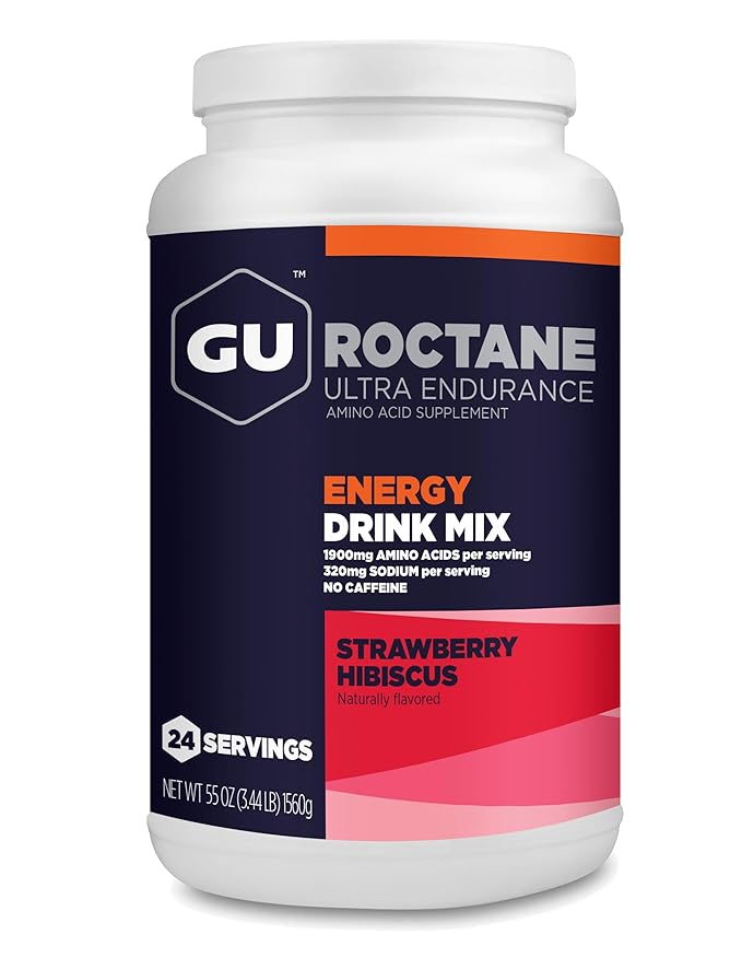 Gu Energy Roctane Ultra Endurance Energy Drink Mix, Vegan, Gluten-Free, Kosher, and Dairy-Free n-The-Go Energy for Any Workout, Strawberry Hibiscus, 3.44 lb. Canister (24 Servings)