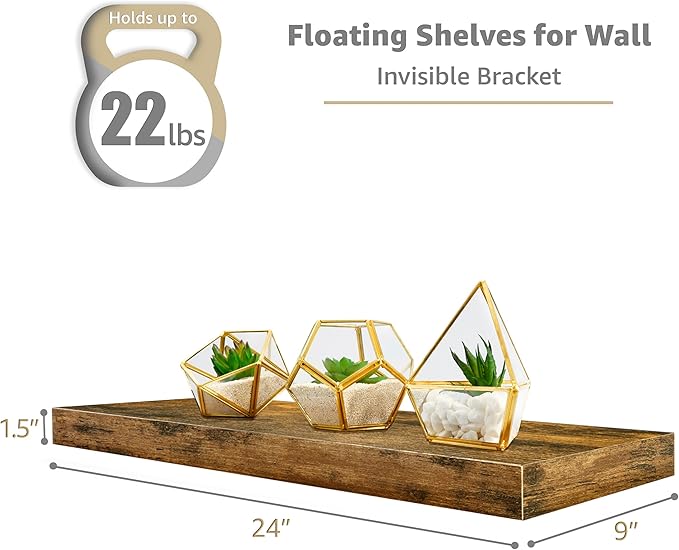 Sorbus Floating Shelves for Wall - 24" Bathroom Shelves, Wall Decor for Bedroom, Kitchen, Living Room, Home Decor & Book storage - Mounted Floating Shelf with Invisible Brackets (Rustic Brown, 2 Pack)