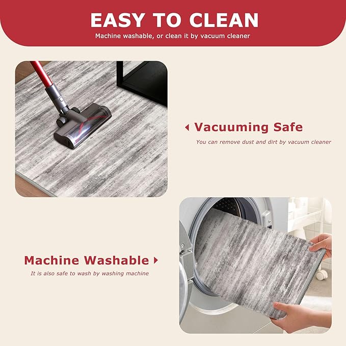 KOZYFLY Modern Abstract Washable Rug Runner 2x5 Hallway Rug Runner Non-Slip Soft Kitchen Runner Rugs, Grey-Beige Striped Carpet for Entryway Bathroom Laundry Room Foyer