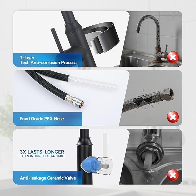 Matte Black Kitchen Faucet with Pull Down Spayer Arofa Single Handle Pull Out Kitchen Sink Faucet with Sprayer, Solid Brass Commercial Faucet for Kitchen Sink, RV, Outdoor, Laundry & Utility Room Sink