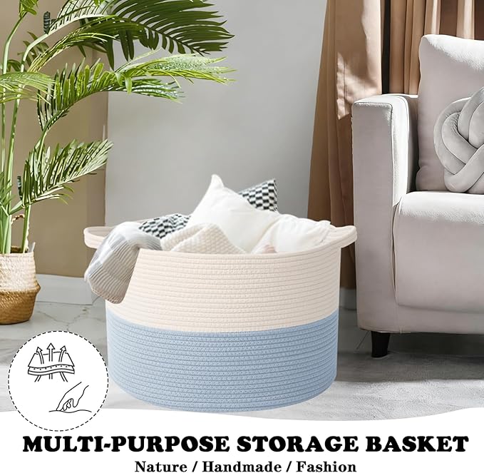 Large Storage Basket with Handle,19.7" L x 19.7" W x 13" H Blanket Basket Storage Bins for Organizing,65L Cotton Rope Woven Baskets for Living Room, Nursery ,Bedroom,White&Blue