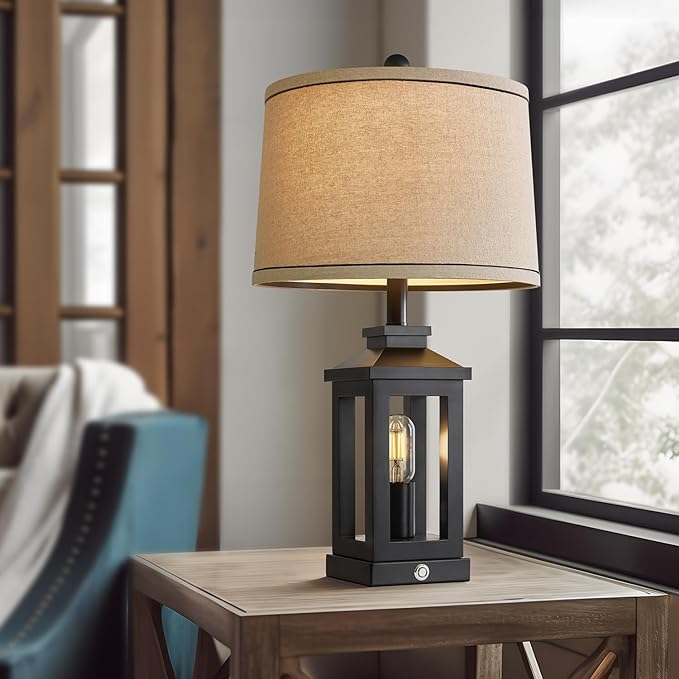 23.75" Retro Farmhouse Black Table Lamp for Living Room Bedroom Nightstand Set of 2 Touch Control Bedside Nightlight Vintage Modern Lamp with USB C+A Ports and 2 Light Sources