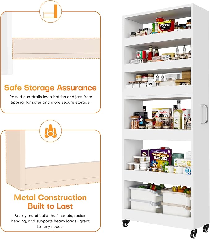 Slim Storage Cart, Lightweight 6 Tier Metal Rolling Utility Kitchen Cart on Weeels, Mobile Storage Shelving Unit Organizer for Bathroom Laundry Office(White, 10" D)