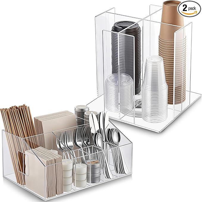 Maxdot 2 Pcs Acrylic Utensil Caddy Silverware Organizer and Square Rotating Cup and Lid Holder with 4 Compartment for Coffee Kitchen Table Countertop Party Paper Plates Cup Flatware Cutlery