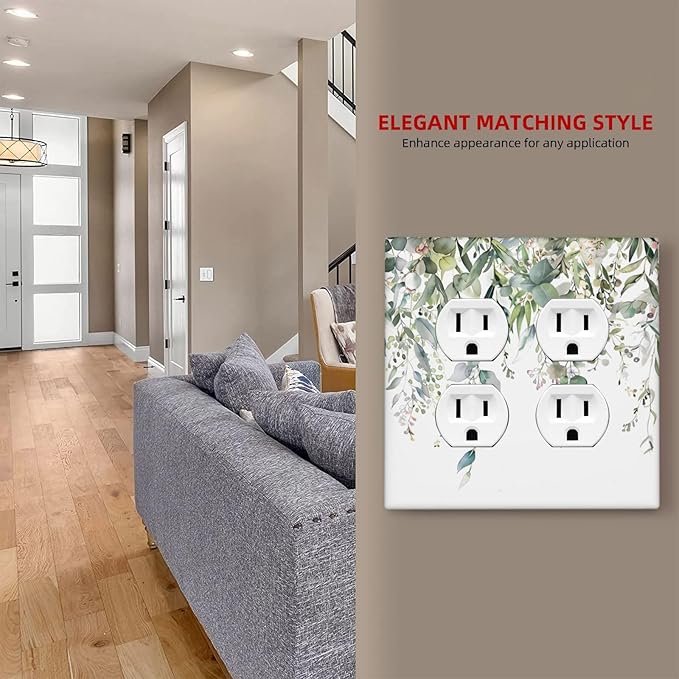 Sage Green Watercolor Eucalyptus Leaves Floral Flowers Outlet Covers 2 Gang Double Duplex Decorative Light Switch Covers Electrical Wallplates Socket Faceplate for Farmhouse Bed Room Decor