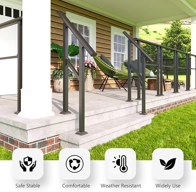 DIYHD 2 Step Handrail for Outdoor,Powder Coated Iron Stair Railing,Black Hand Rails for Indoor, Porch,Deck,2 Pack