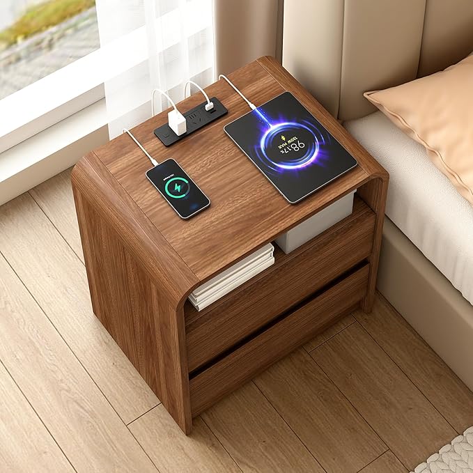 Walnut Nightstand Set of 2 with Charging Station, 21 Inch Wide Night Stand with Drawers, Modern Bedroom Bedside End Table with Round Corners Anti-Collision Design for Dorm, Sofa, Office