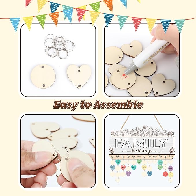 KAlRNE Family Birthday Reminder Board,Decorative Botanical Birthday Tracker Plaque,Anniversary Reminder with 100 Wood Tags,DIY Calendar Plaque Flowers Sign Gift for Family Grandma Mother Day