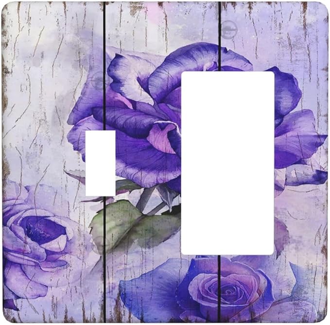 Light Switch Cover Purple Rose Flower Rustic Wood Plank 2 Gang Toggle Rocker Combo Wall Plates Decorative Switch Plates and Outlet Covers Receptacle Cover for Farmhouse Bathroom Decor