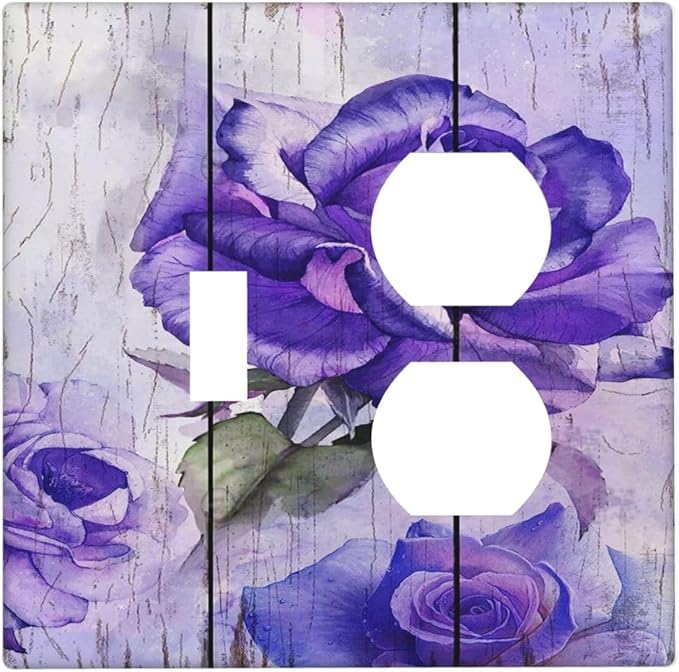 Decorative Light Switch Cover Plate Purple Flower Modern Floral 2 Gang Outlet Covers 1 Toggle 1 Duplex Wall Plate Decorate Electrical Switch Plate Covers for Bedroom Kitchen Decor