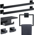 TNOMS 6-Piece Black Bathroom Hardware Set 23.6 Inch Towel Bar Set Double Towel Bar Towel Ring Coat Hook and Toilet Paper Holder with Shelf Wall Mounted Stainless Steel Bathroom Accessories Set