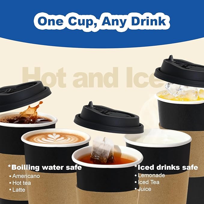 16 oz Coffee Cups + 16 Extra Cups Bulk Disposable To-Go Paper Cups with Lids and Sleeves for Hot Beverage, Chocolate, Cocoa, Office Supplies, Coffee Bar Accessories (100 Pack + 16 Extra Cups, Black)