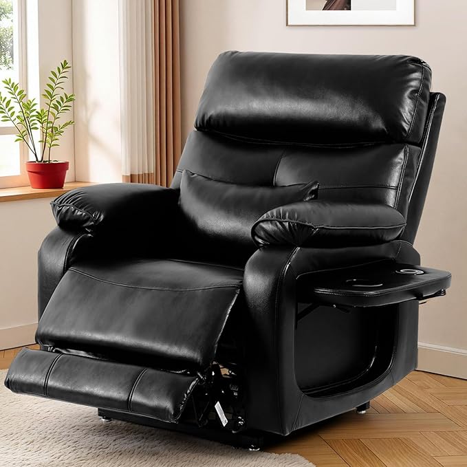 Dual Motor Power Lift Recliner Chair for Adult & Elderly, Infinite Position Lay Flat Lift Chair with Heat & Massage, Cup Holder, Lumbar Pillow, Wireless Charger, USB Ports, Leather (Black)