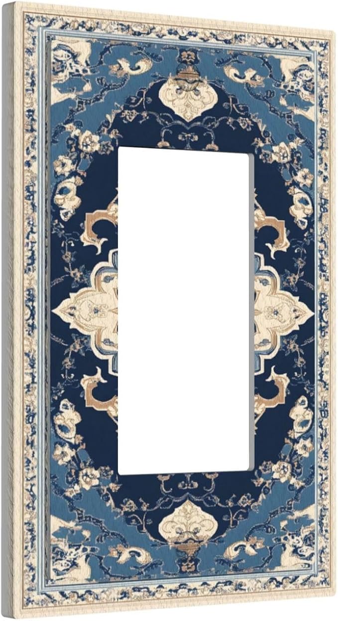 Decorative Outlet Covers Boho Beige Navy Blue Medallion 1 Gang Rocker Light Switch Cover Plate Single Gfci Light Switch Covers Wall Plate for Country Bathroom Bedroom Decor