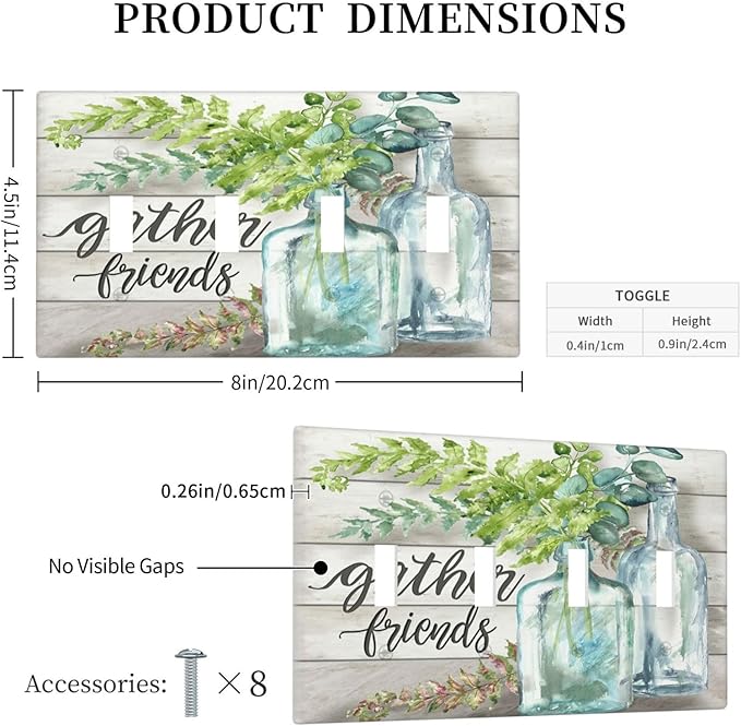 Light Switch Cover Watercolor Modern Flower 4 Gang Switch Plate Quad Toggle Wall Plates Floral Plant Wood Decorative Switchplate Electrical Outlet Cover Plates for Farmhouse Bathroom Decor
