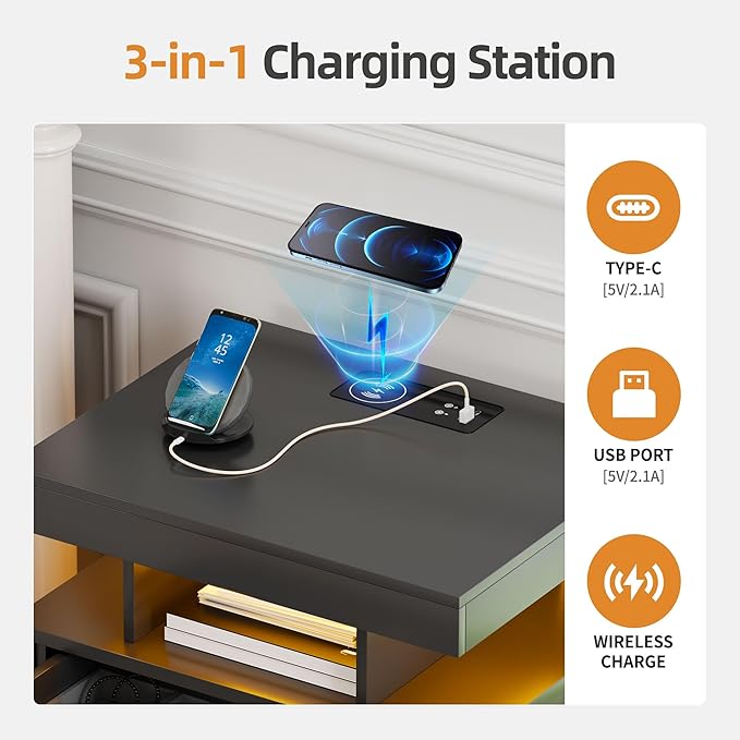 Gurexl Farmhouse Night Stand with Lockable Gun Drawer,LED Nightstand with Charging Station,Bedside Table with Human Sensor 3-Color Lights,End Table with 3 Drawers,Bedroom,Black