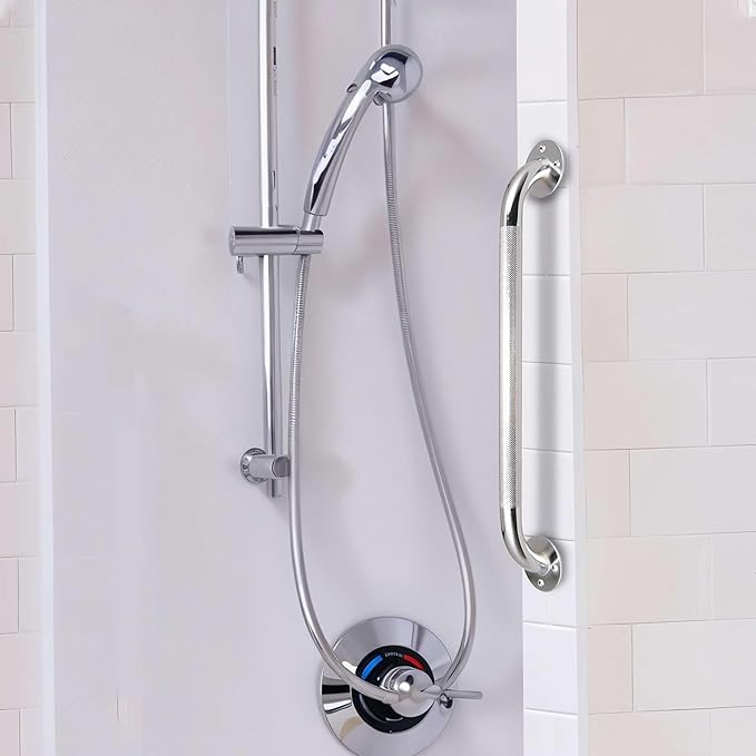 16 Inch Grab Bars for Bathtubs and Showers - Chrome Knurled Bathroom Safety Rail Handle - Non Slip Textured Grip Handicap Grab Bar for Seniors, 250 lbs Weight Support Capacity