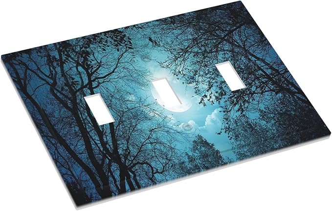 Light Switch Cover Teal Full Moon Forest 3 Gang Wall Plate Triple Light Switch Plate Turquoise Toggle Decorative Outlet Covers Electrical Switchplate for Bathroom Bedroom Decor