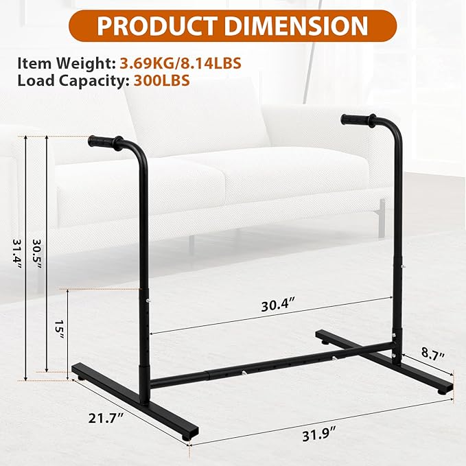 Heavy-Duty Adjustable Stand Assist Aid for Elderly - 500 lbs Capacity, Portable Sit-to-Stand Lift Assist for Couch, Chair & Bed - Non-Slip Covers, Easy Assembly, Black