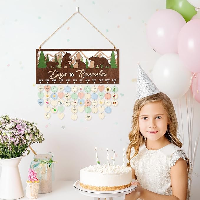 CHDITB 3D Days to Remember Birthday Calendar Wall Hanging(16”x7”), Woodland Bear Nursery Themed Family Birthday Reminder Tracker with Tags, Wooden DIY Gifts for Mother Grandma Friends Family