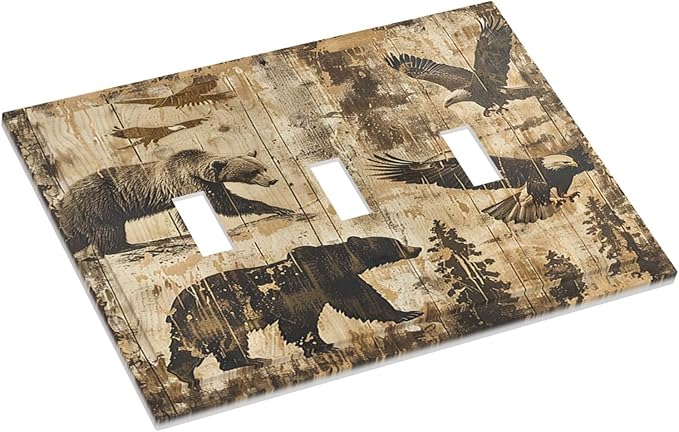 Decorative Switch Plates Vintage Cabin Wildlife Animal Bear Eagle Forest 3 Gang Wall Plate Triple Toggle Light Switch Cover Faceplate Electrical Wall Panels for Farmhouse Bedroom Decor