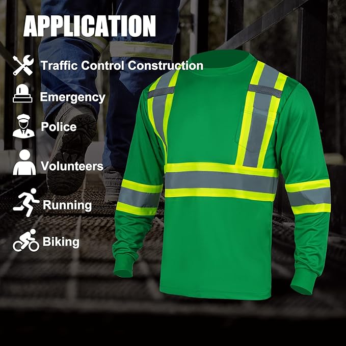 FONIRRA Hi Vis Shirts for Men Reflective ANSI Class 2 Safety Long Sleeve High Visibility Work Construction T Shirts Green