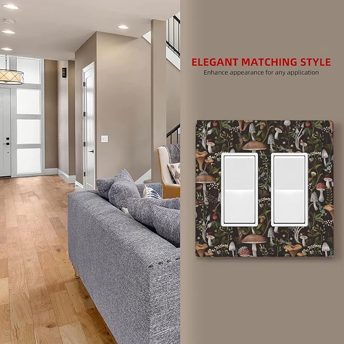 Funky Retro Vintage 70s 60s Boho Hippie Mushroom Double Rocker/Decora Outlet Covers 2 Gang Light Switch Cover Decorative Bohemian Floral Leaf Gfci Wall Plate Electrical Switchplate Faceplate for Home