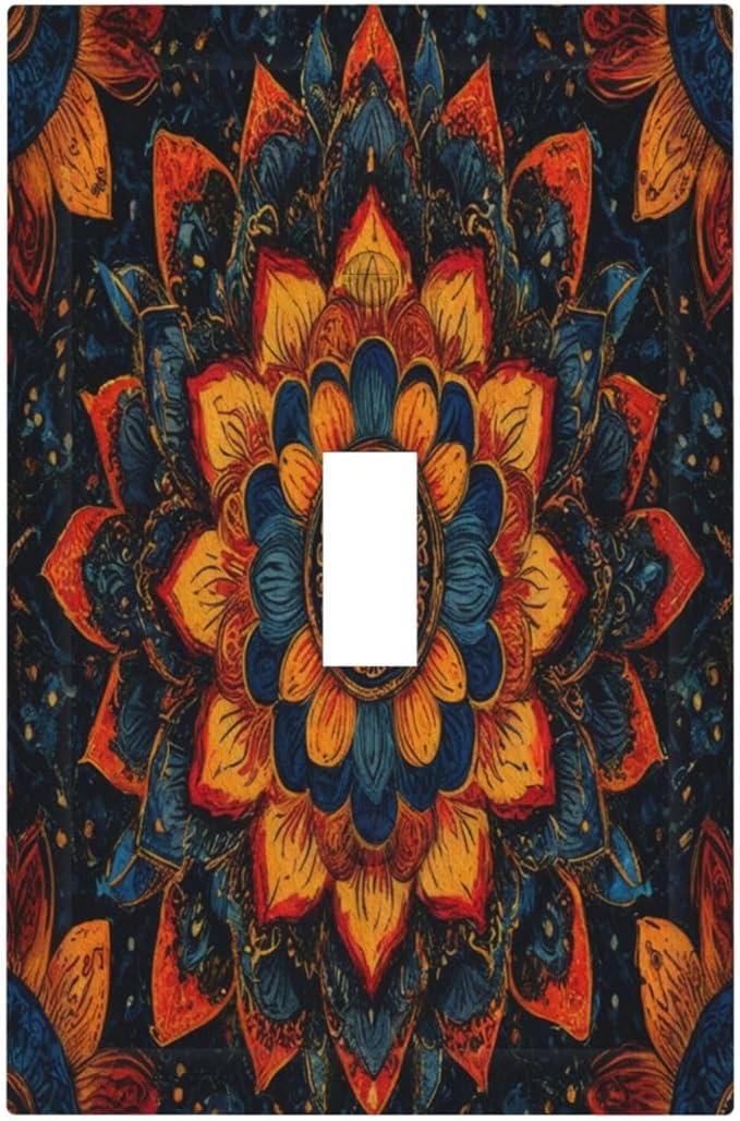 Colorful Oriental Floral Blooming Mandala Flower Single Toggle Light Switch Covers Decorative 1 Gang Wall Plate Electrical Device Switchplate Dimmer Faceplate for Bathroom Decor