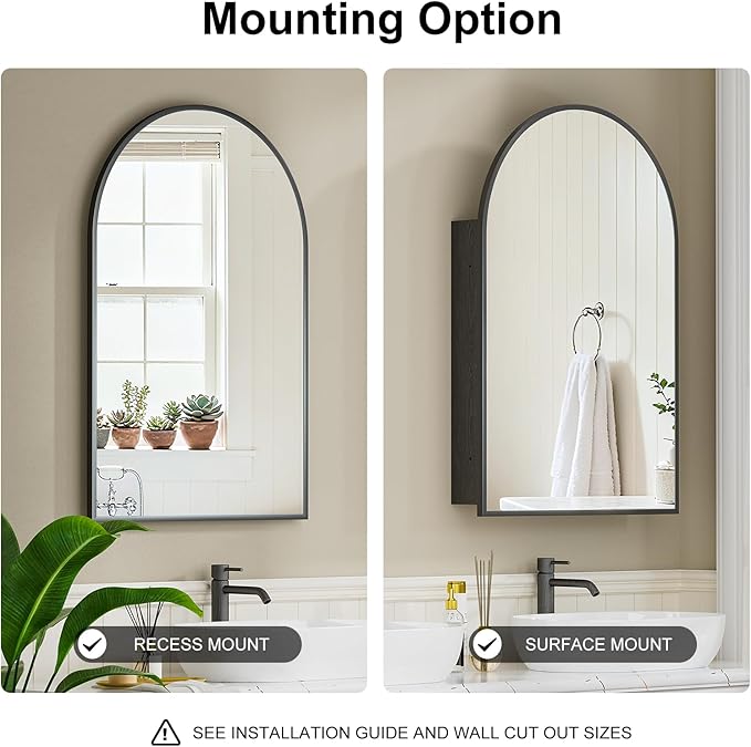 Recessed Medicine Cabinet for Bathroom,Brushed Black Arched Medicine Cabinet with Mirror,Arch Mirrored Medicine Cabinets Recessed,Bathroom Mirror with Storage,Open from Left to Right 20x30