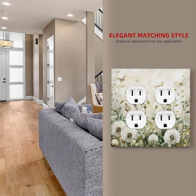 Dandelions Butterflies Watercolor Wildflowers Floral Outlet Covers 2 Gang Double Duplex Decorative Light Switch Covers Electrical Wallplates Socket Faceplate for Bedroom Living Room Decor