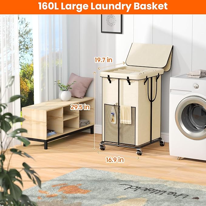 160L Laundry Hamper with Lid, Rolling Laundry Basket with Wheels, Large & Tall Dirty Clothes Hamper with Metal Frame and Removable Bag for Bedroom Aesthetic, Laundry Room, Bathroom, Dorm-Beige