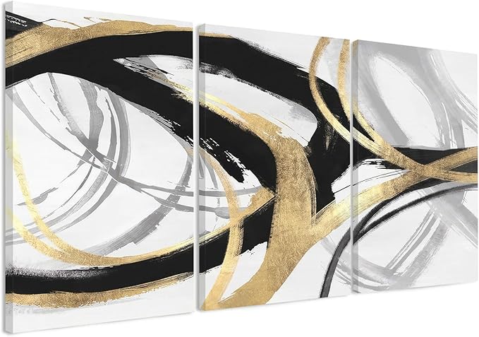 DUWQU 3 Piece Large Black and Gold Abstract Canvas Wall Art, Modern Black Gold and White Wall Decor, Spiral Brushstrokes Line Art Prints for Living Room Bedroom Office Home Decorations 20×30x3 In