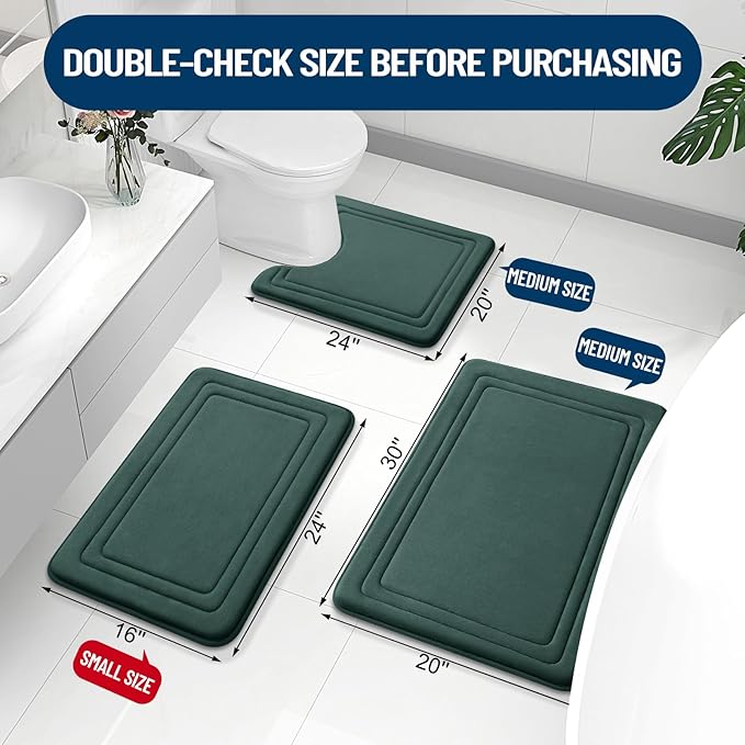 Grandaily Memory Foam Bath Mat Rug 24x16, Ultra Soft, Non-Slip and Absorbent Bathroom Rugs, Machine Wash Dry, Comfortable Bath Carpet for Bathroom Floor, Tub and Shower, Dark Green