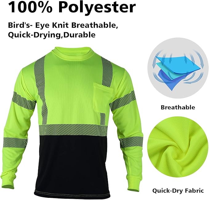 VENDACE Safety Reflective High Visibility Long Sleeve Shirts ANSI Class 3 Hi Vis Construction Work T Shirts for Men