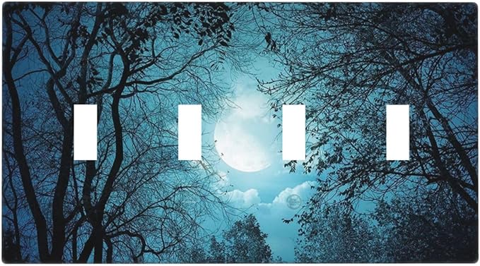 Light Switch Cover Teal Full Moon Forest 4 Gang Switch Plate Quad Toggle Wall Plates Turquoise Decorative Switchplate Electrical Outlet Cover Plates for Bathroom Bedroom Decor