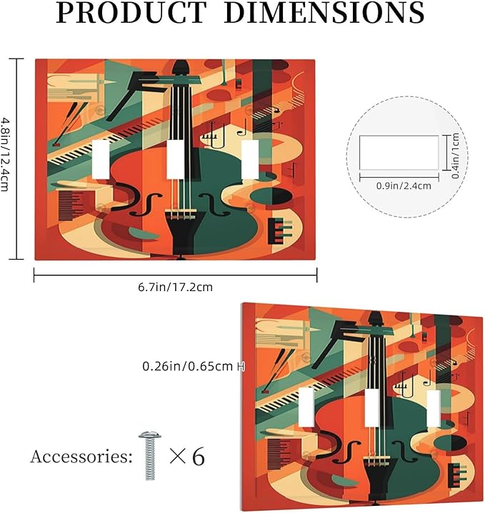 Decorative Switch Plates Violin Abstract Jazz Colorful Painting 3 Gang Wall Plate Triple Toggle Light Switch Cover Faceplate Electrical Wall Panels for living Room Office Decor