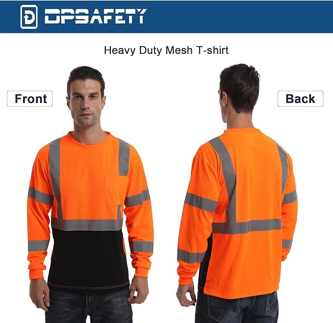 High Visibility Class 3 T Shirts，Hi Vis Safety Shirts with Reflective Strips and Pocket, Long Sleeve Quick Dry Mesh Construction Work Shirt for Men/Women Black Bottom Orange,Medium