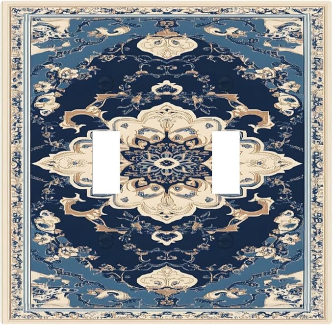 Decorative Light Switch Cover Plate Boho Beige Navy Blue Medallion 2 Gang Switch Plate Covers Double Toggle Wall Plate Dual Device Faceplate for Country Bathroom Bedroom Decor