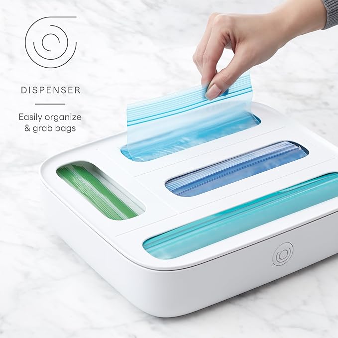 StoraBag Drawer Food Bags Dispenser, 4-Slot, Plastic Sandwich Bag Organizer for Kitchen Storage, White
