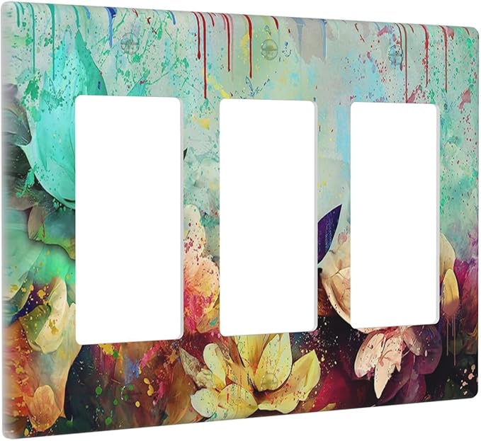 Light Switch Cover Watercolor Flower Colorful Floral 3 Gang Wall Plate Triple Light Switch Plate Rocker GFCI Outlet Covers Decorative Receptacle Cover for Bathroom Bedroom Decor
