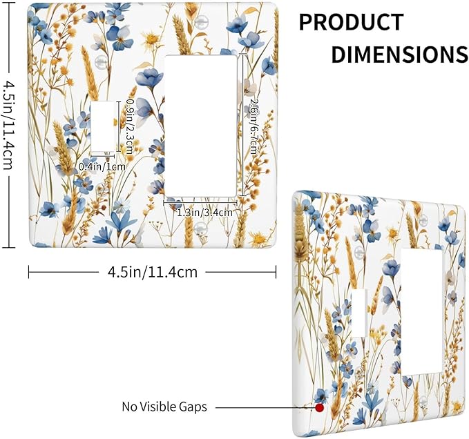 Vintage Wildflower Blue Gold Country Fall Wheat Floral Outlet Covers 1 Toggle 1 Rocker Combination Decorative Wall Plate Electrical Switch Plates Light Switch Cover Plate for Bedroom Living Room Decor