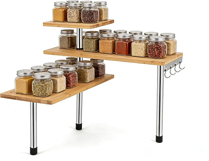 HYNAWIN 3-Tier Corner Shelf, Bamboo & Metal Storage Rack with Hooks, Adjustable Countertop Organizer for Kitchen, Bathroom, Bedroom or Office