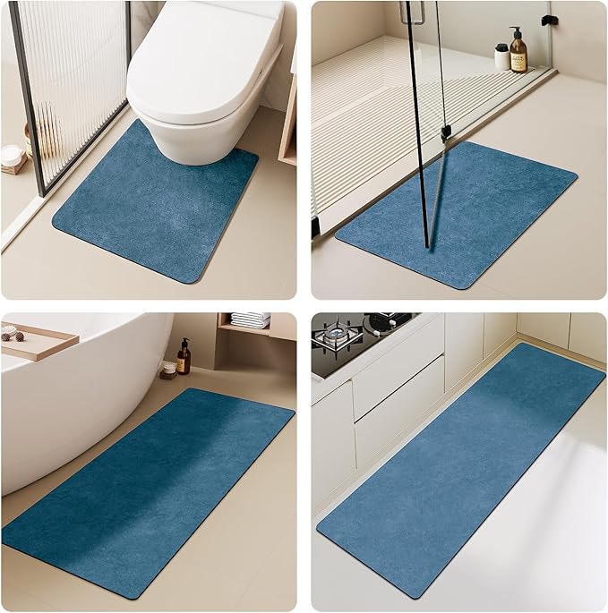 Bathroom Mat Quick Dry, Bathroom Rugs Non Slip Washable Thin Absorbent Bath Mat Fits Under Door Bathroom Floor Mat Perfect for Bath, Shower, or Sink 24"x70" Denim Blue